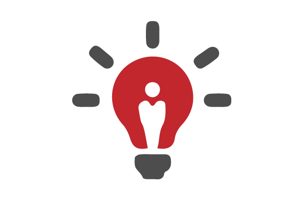 graphic figure inside of a light bulb in red and grey